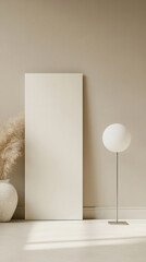 Modern minimalist interior design with floor length wall banner and contemporary decor elements