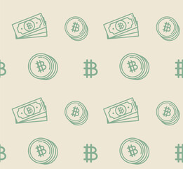 Simple seamless pattern, graphic symbols of bitcoin on flat background, vector illustration