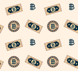 Simple seamless pattern, graphic symbols of bitcoin on flat background, vector illustration