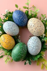 Obraz premium Easter wreath made of pastel-colored eggs and delicate spring flowers