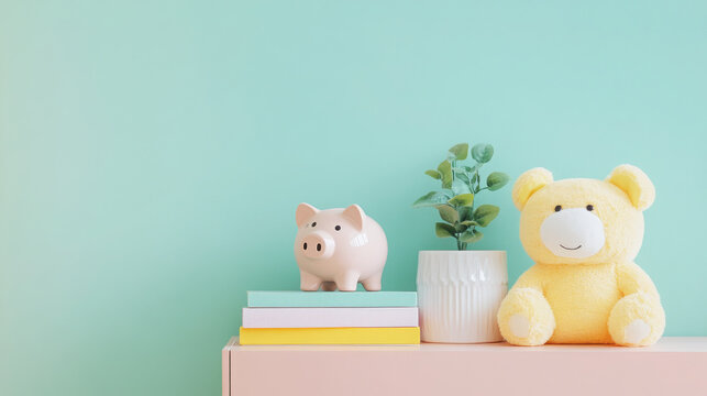 Colorful sideboard with plush toys and decor in cheerful interior design