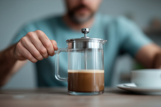 Close-up view of a man using a french press coffee maker, pressing down the plunger to separate the rich coffee grounds from the freshly brewed coffee in his kitchen