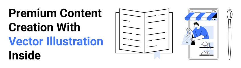 Open book, mobile screen with storefront, designer crafting content, and pen. Ideal for education, creativity, content marketing, e-learning, graphic design branding flat landing page banner