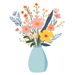 A delicate pastel-toned floral bouquet in a blue vase, featuring wildflowers and greenery, ideal for an elegant and artistic home display