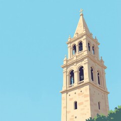 Fototapeta premium Tall Stone Church Bell Tower Minimalist Flat Illustration with Copy Space
