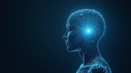 3D Abstract Human Head with a Glowing Brain in a Futuristic Blue Outline Style