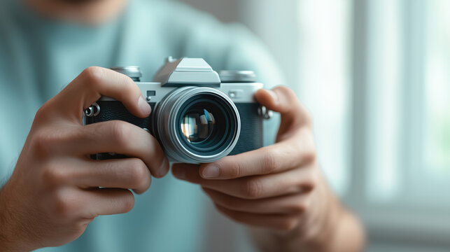 Close-up of a photographer's hands adjusting the focus ring on a vintage camera, capturing the essence of traditional photography and precise adjustments