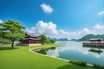 there is a large pond with a pavilion and a tree in the middle