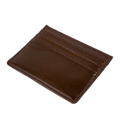 Simple small leather wallet that serves to store a few cards and a little money, isolated on white background