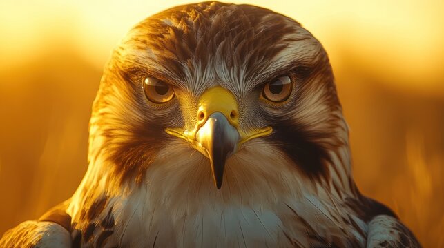 Close-up portrait of a hawk at sunset, intense gaze.