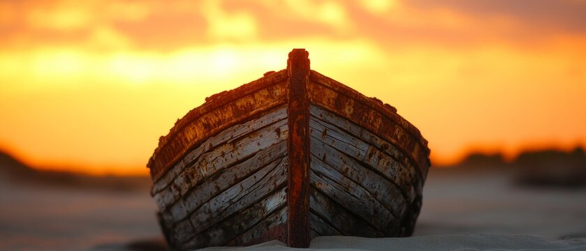 Rusty boat on beach at sunset