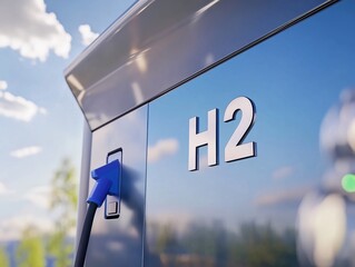 Close-up of H2 Symbol at Hydrogen Gas Station with Charging Pumps