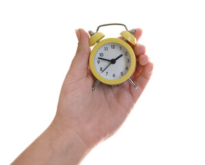 Woman with alarm clock on white background, closeup