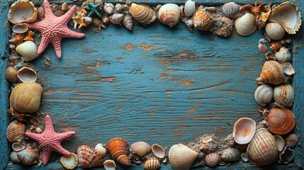 Fototapeta premium Seashells frame beach wood background