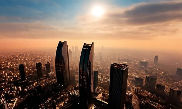 Beautiful costal Persian gulf country city view with skyscrapers at sunset