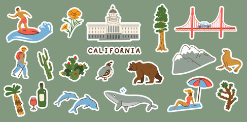 California symbols set. Digital stickers. Vector illustration