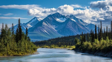 Scenic River Flowing by Mountains in Yukon