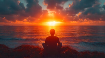 Fototapeta premium Man meditating by the ocean at sunset