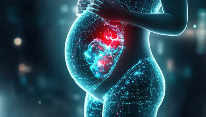 A digital representation of a pregnant woman highlights the embryo within, symbolizing the fusion of futurism and motherhood. The glowing outlines reflect advancements in reproductive science.
