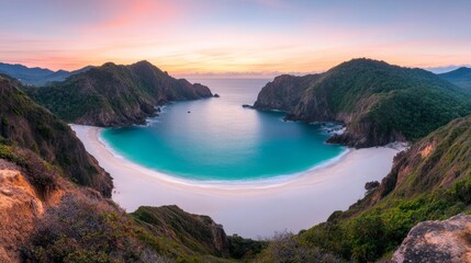 Fototapeta premium Serene Coastal Bay at Sunrise, Dramatic Cliffs, Lush Landscape