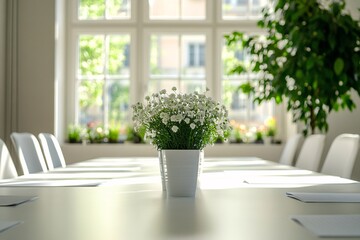 Meeting room with greenery and flowers modern office indoor environment natural lighting tranquil workspace