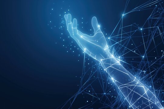 Artificial Intelligence Digital Hand Concept with Blue Particle Network