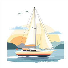 Naklejka premium Scenic view of a sailboat on calm waters with a golden sunset in the background. A tranquil vector illustration ideal for marine, travel, and relaxation themes.