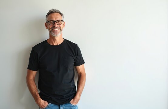 Happy mature man portrait. Smiling middle aged man at white wall isolated on white background. Confident male in casual clothes with hands in pockets. Smart caucasian person. Blank copy space.