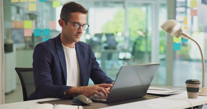 Office, businessman and typing with laptop for information, article research and proofreading story. Smile, male person and journalist in creative agency for news publication, blog website or editing