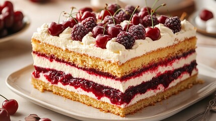 Delicious Layered Cake with Cherries Blackberries Cream Sweet Dessert Tasty Bakery Treat Festive Vanilla Sponge Cake Recipe Homemade Summer Berry Cake