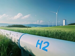 Hydrogen Pipeline with H2 Symbol against Blue Sky
