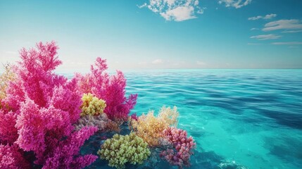 Naklejka premium Vibrant coral reef, azure sea, sunny sky, underwater scene