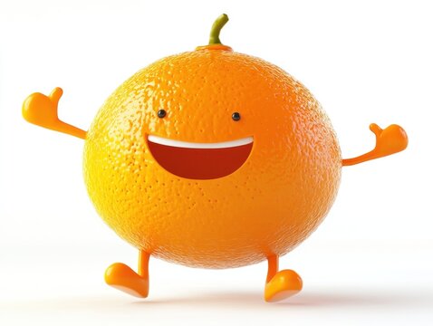 Smiling orange character.  Animated fruit with happy expression