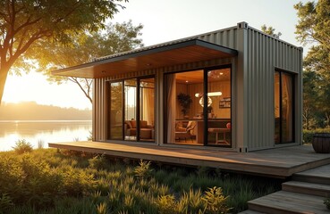 Fototapeta premium Innovative container house on scenic lake shore. Tiny eco house boasts modern design, wooden terrace, panoramic windows blending with nature. Sustainable living concept, harmonious fusion