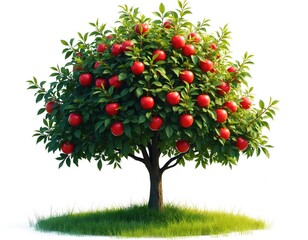 Lush apple tree full of ripe, red apples standing alone on grass. Orchard, garden, nature, harvest themes. Apple harvest, sweet, tranquil autumn landscape. Fruit farm, foliage, hedge, tasty bumper.