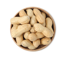 Unpeeled peanuts in bowl isolated on white, top view