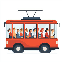 Illustration of a vintage-style red trolleybus filled with passengers, highlighting nostalgic and eco-friendly urban transit