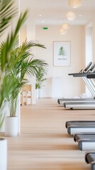 Fototapeta premium Modern gym interior, treadmills, plants