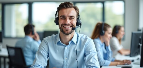 Portrait of smiling call center worker accompanied by his team in modern corporate office. Happy customer support operator works at help desk. Telecom agent answers call with friendly face expression.