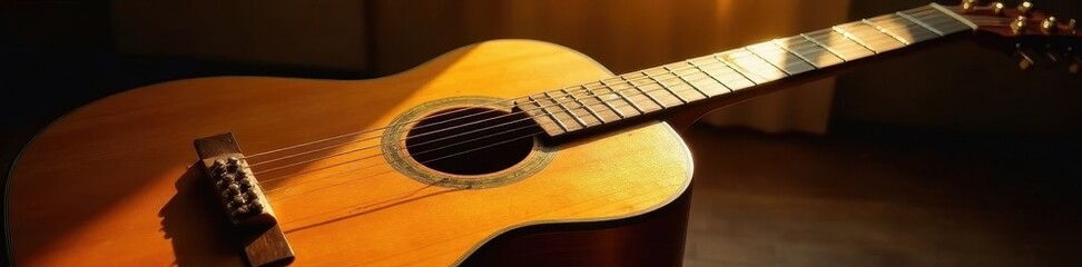 Fototapeta premium Sunlit acoustic guitar, rich wood grain, dramatic shadows, musical instrument, spotlight, brown