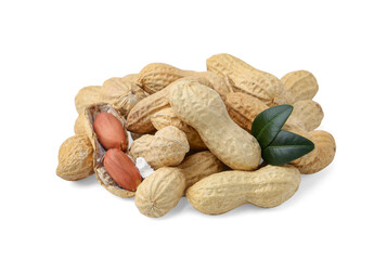 Pile of fresh peanuts and green leaves isolated on white