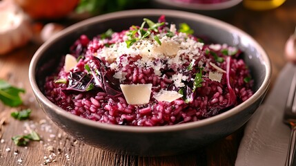 Delicious Red Cabbage Risotto Recipe Italian Food Dish Gourmet Meal Preparation Cooking Fresh Ingredients Restaurant Menu Culinary Art Photography    
