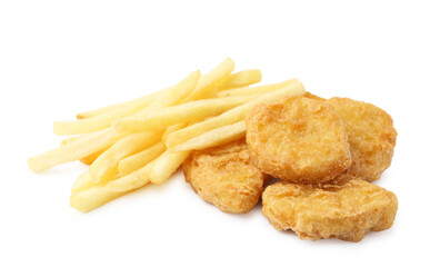 Tasty chicken nuggets and french fries isolated on white