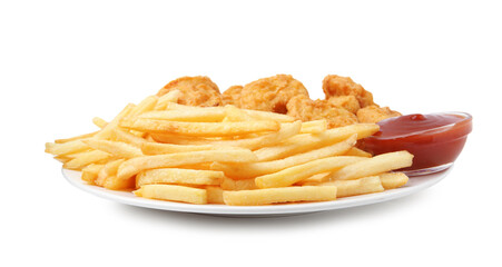Tasty chicken nuggets and french fries with sauce isolated on white