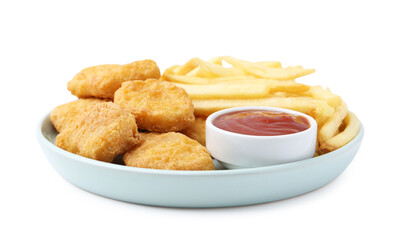 Tasty chicken nuggets and french fries with sauce isolated on white