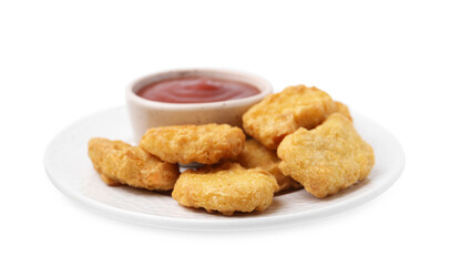 Tasty chicken nuggets with sauce isolated on white