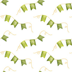 Cotton fabric Hand drawn watercolor bunting flags pattern. Green seamless ornament with festive elements. Delicate holiday style. Suitable for textiles, wallpapers, packaging, scrapbooking