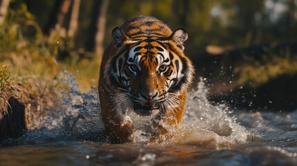 Majestic tiger walking through shallow water, intense gaze.
