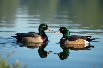Obraz premium Two spot-billed ducks swim calmly on a serene lake , pair of ducks, lake scenery