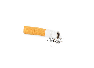 One cigarette butt isolated on white, top view. Smoking habit